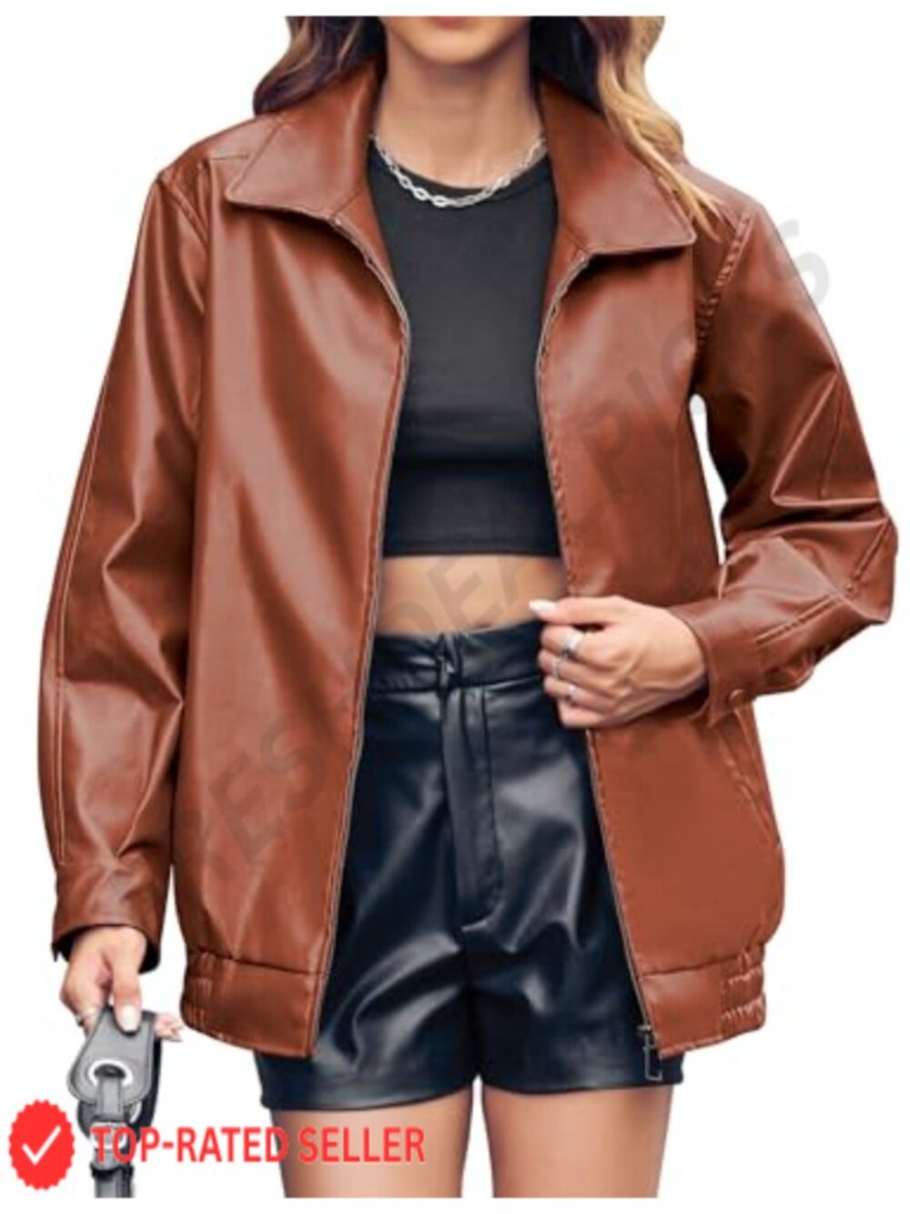 Women's Faux Leather Jacket Oversized Zip Up Bomber Moto Casual